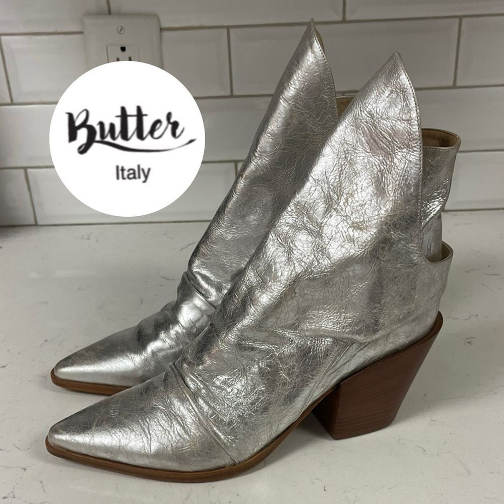BUTTER SHOES WOMEN’S JAEGAR BOOTIE ICE VINTAGE Silver Leather Ankle Boots SZ 10